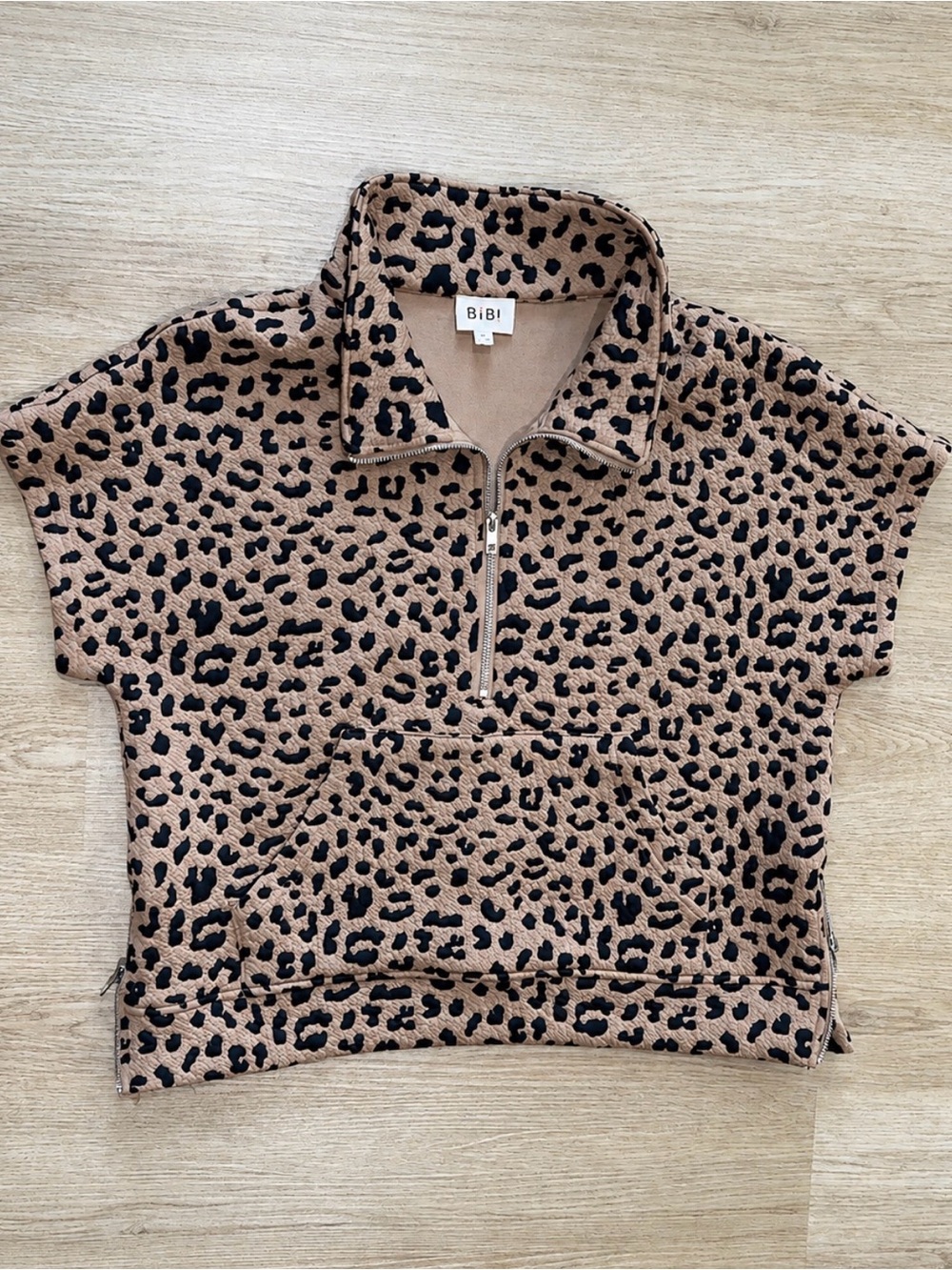 BiBi Tan Leopard Print Half-Zip Pullover with Black Spots